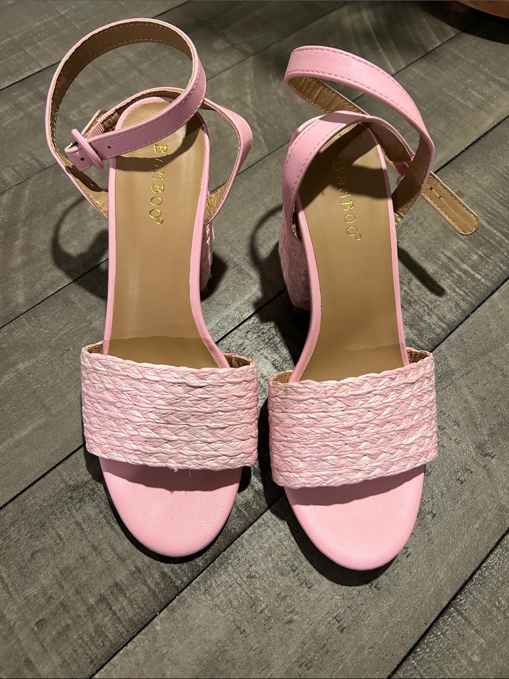 Bamboo Light Pink Braided Block Heel Sandals